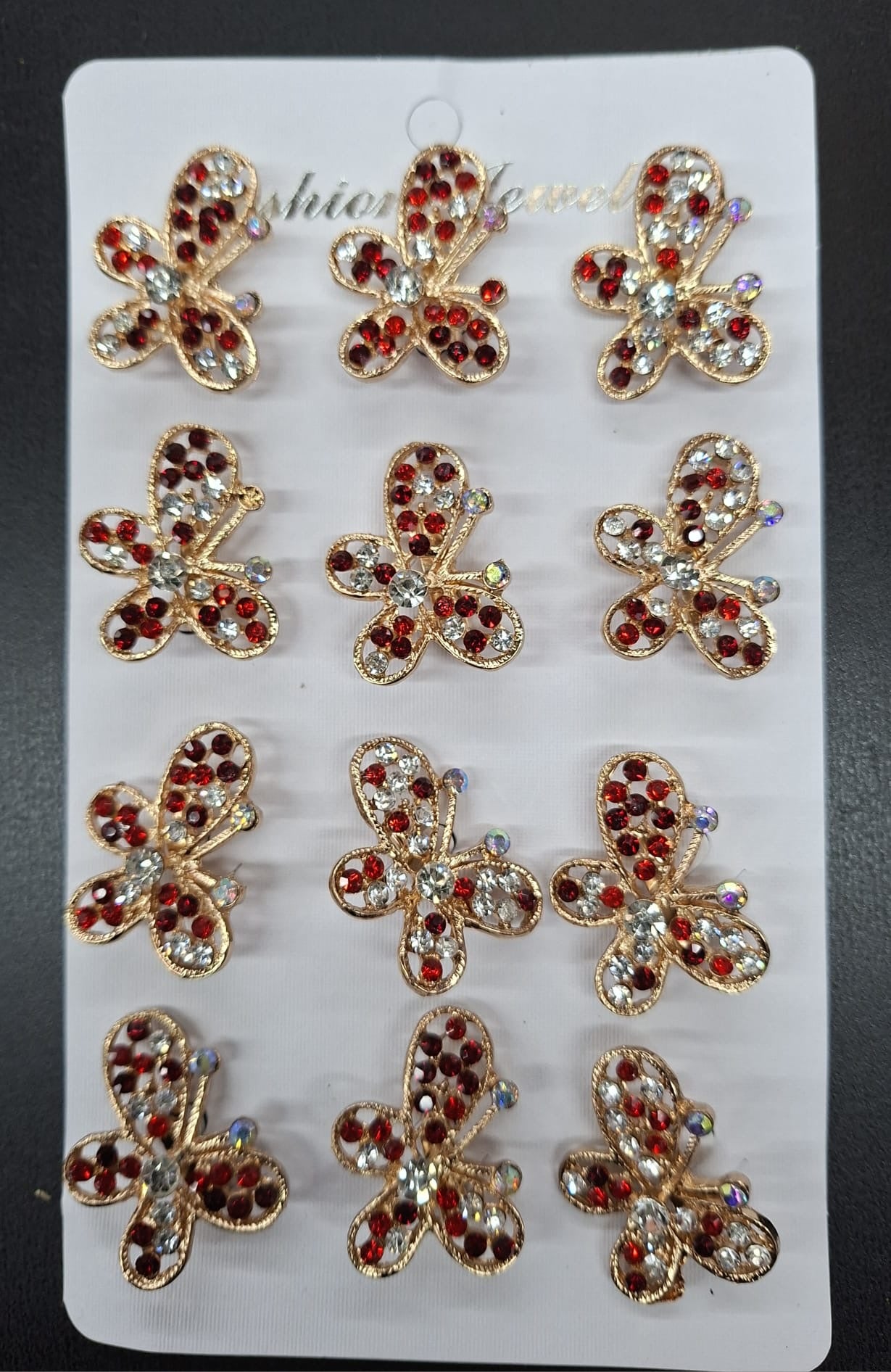Broșe Aurii Fluture cu Strasuri Roșii și Cristal - 12/set